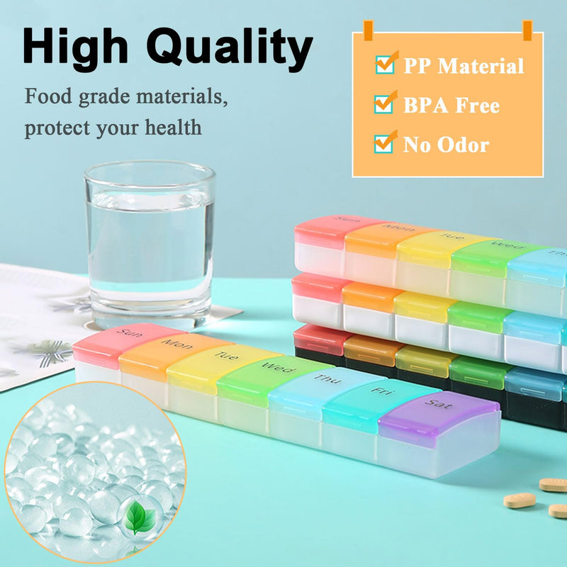 Pill Organizer, Weekly Portable Pill Dispenser, Travel Daily Case | 7 Compartment Medication Planner Case Box Holder for Vitamin, Medicine, Fish Oil, Supplements, Transparent, 7-Color lid Box