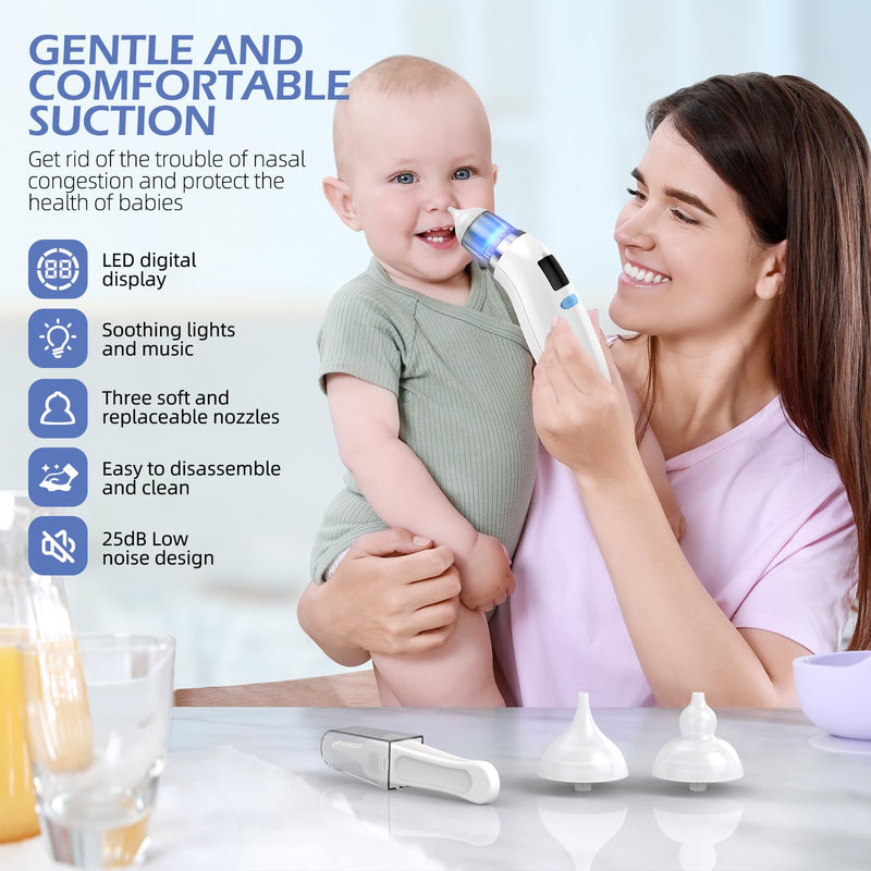 [Australia] - Nasal Aspirator for Baby with Light and Music, Electric Babies Nose Sucker with 3 Soft Silicone Tips, 5 Levels Suction Adjustment Nose Cleaner for Kids Girl Boy Adult Pets 