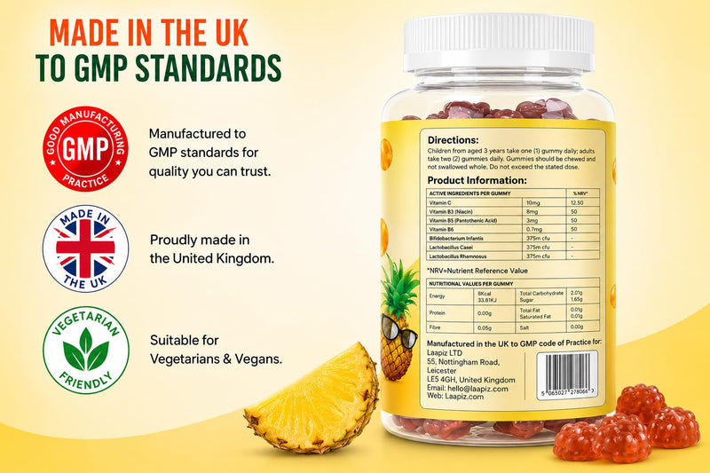 Multivitamin Gummies with Probiotics for Adults & Kids 60 Gummies - Pineapple Flavour Vitamin Gummies | Vitamins C, B3, B5 & B6 | Bio Cultures Gummies for Digestive Balance & Immune Support