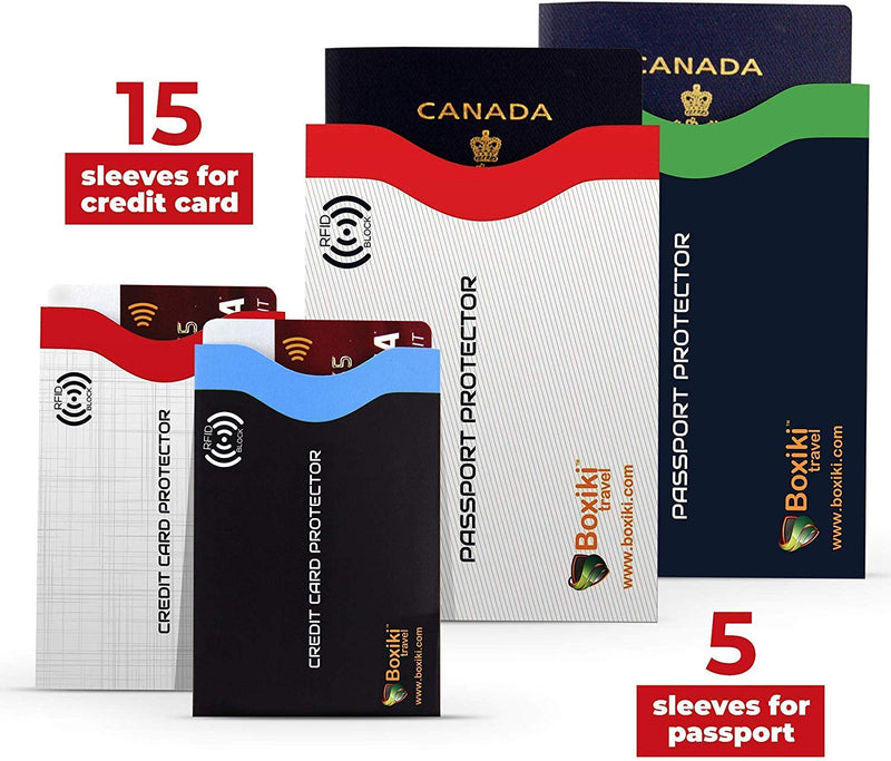 RFID Blocking Set: 20-Pack Card Sleeves (15 Credit Card + 5 Passport Holders) and Travel Neck Wallet - Secure Passport Holder, Money Pouch, and Adjustable Strap for Travel Safety