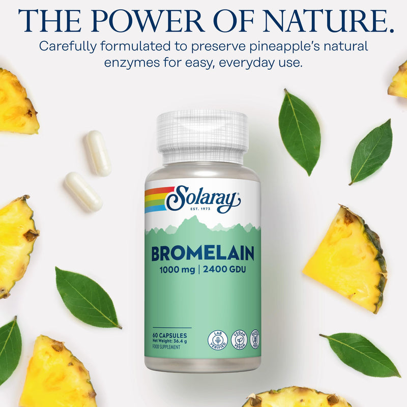 Solaray Bromelain 1000mg (2400 GDU/g) - 60 Vegan Capsules - High Strength Pineapple Enzyme - Plant Based Formula for Everyday Balance & Wellbeing - Lab Verified & GMO Free