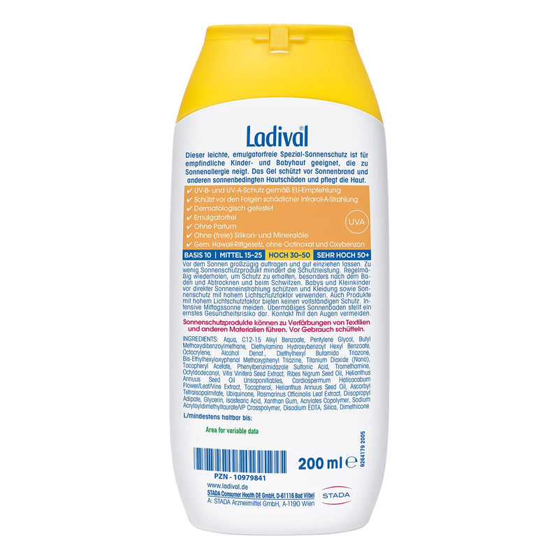 [Australia] - Ladival children's sun protection gel for allergic skin SPF 30 - suitable for sun allergies - perfume-free sun cream, without dyes and preservatives - waterproof - 1 x 200 ml 