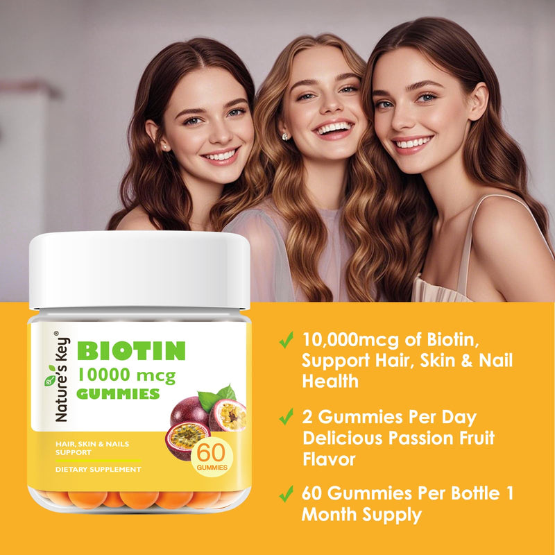 Nature's Key Biotin Gummies 10000mcg - Hair Growth & Nail Strength Supplement, Vegan, |Vitamins A B C D E|Folic Acid|Zinic for Women & Men Supports Healthy Hair Growth Supplement，60cts|30 Days