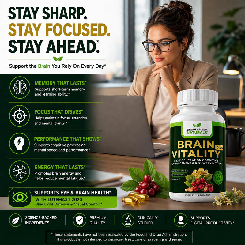 Green Valley Naturals Brain Vitality Plus™ Brain Health Supplement | 60 Softgels, Cognizin® Citicoline, Bacopa Monnieri, DHA Omega-3, Memory, Focus & Mental Clarity Support
