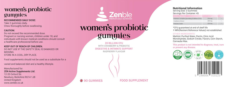 Probiotics for Women Gummies – 20 Billion CFU Probiotic Blend with Cranberry & Prebiotic Inulin – Digestive & Intimate Flora Support – 90 Sugar Free Vegan Gummies – Raspberry Flavour