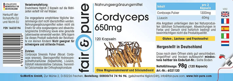 [Australia] - Fair & Pure® - Cordyceps 650mg - 120 capsules - Cordyceps Sinensis - without magnesium stearate - vegan 
