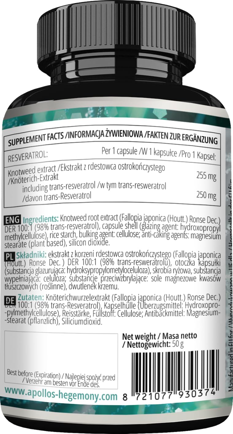 [Australia] - Resveratrol High Dose 400 mg - 60 vegan capsules - 2 month supply - 98% trans-resveratrol from Japanese knotweed extract - natural antioxidant - from Apollo's Hegemony Resveratrol 