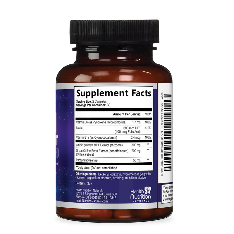 Brain Memory Supplement - 3X Strength Nootropics for Concentration, Clarity & Focus Support - Brain Health Cognitive Vitamins B6 & B12 with Phosphatidylserine & Folate, Brain Booster, 60 Capsules 60 Count (Pack of 1)