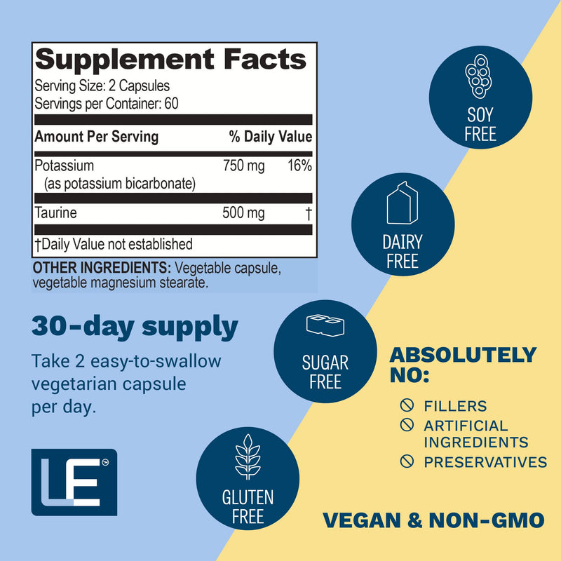 [Australia] - Life Enhancement Potassium Supplement Cardio Natural Potassium Supplement - 750 mg Potassium / 500 mg Taurine Per Serving- Daily Potassium Supplements - 120 Potassium Capsules (60 Servings) 