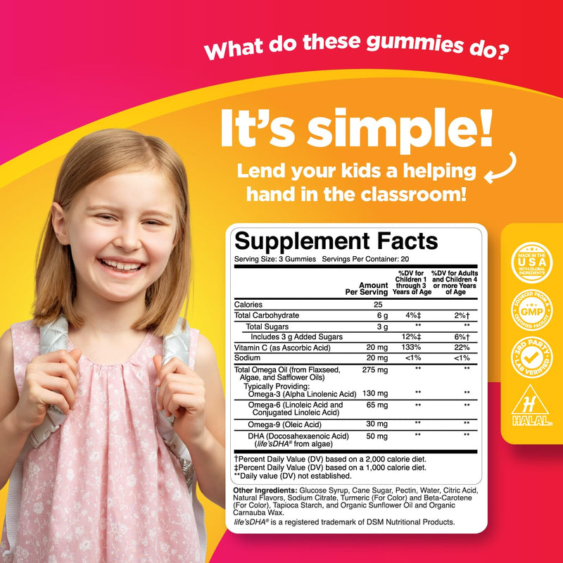 Kids Omega and DHA Gummies - Fatty Acids Omega 3 6 9 with Vitamin C for Vision - Nutritional DHA for Kids for Healthy Nervous System & Focus Support - Fish Free - 60 Count