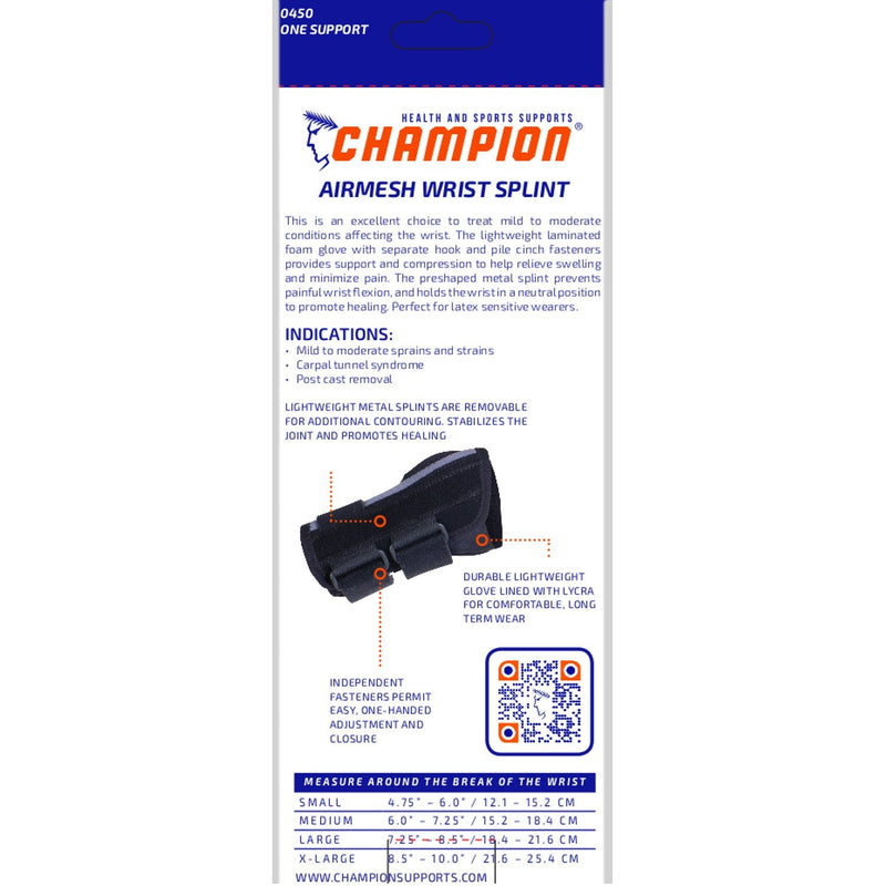 Champion Wrist Splint, Universal Fit, Maximum Support, Airmesh Fabric, Black, Large (Left Hand)