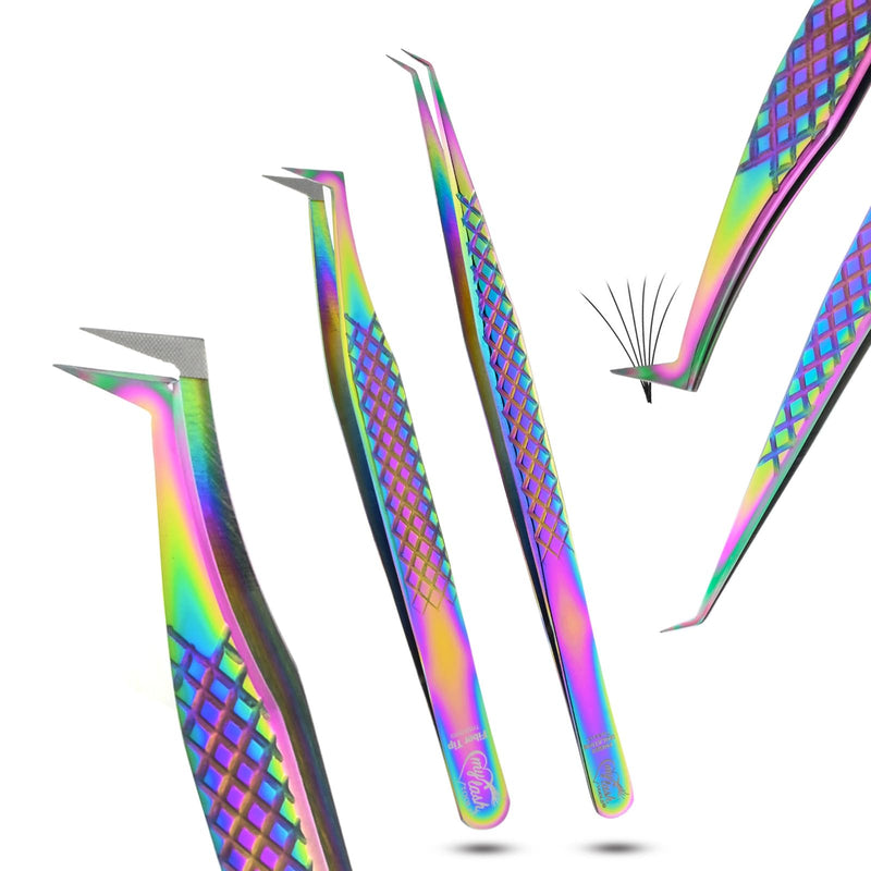 2pcs Fiber Tip Lash Tweezer Set – Fine Axe Tip Volume Boot Tweezer & Isolation Tweezer, Precision Eyelash Extension Tools, Stainless Steel, Non-Slip Grip for Classic, Mega Volume Lashing (Multi) 2Pcs Set Lash Tweezers Set/Ftlt-33