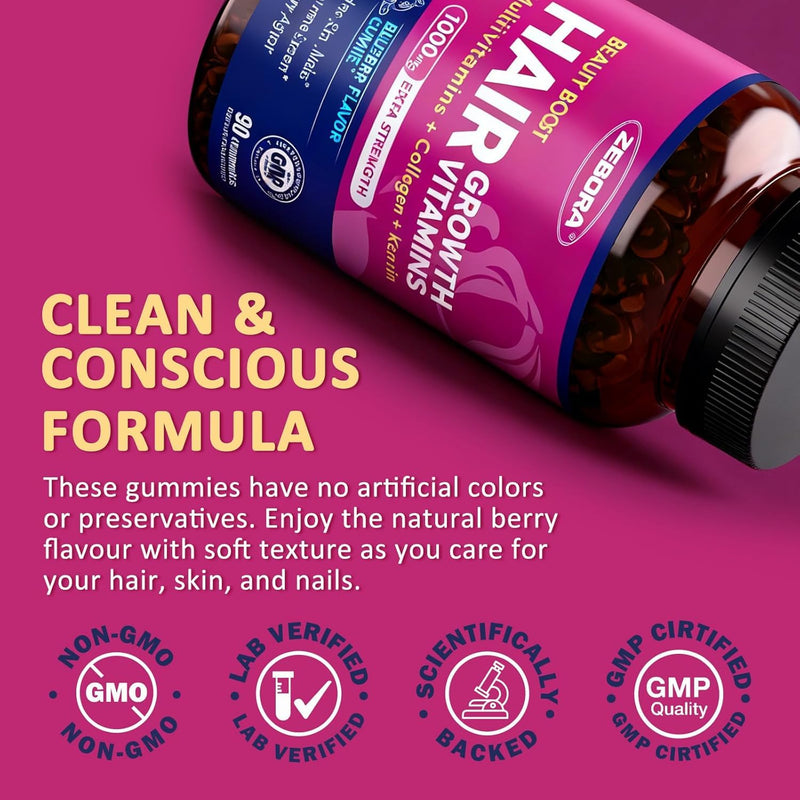 ZEBORA Biotin Gummies with Hyaluronic Acid & Keratin, 90 Blueberry Gummies | Hair, Skin, and Nails Vitamins to Support Hair Growth, Stronger Nails, and Healthy Skin for Women and Men, Blueberry Flavor 90 Count (Pack of 1)