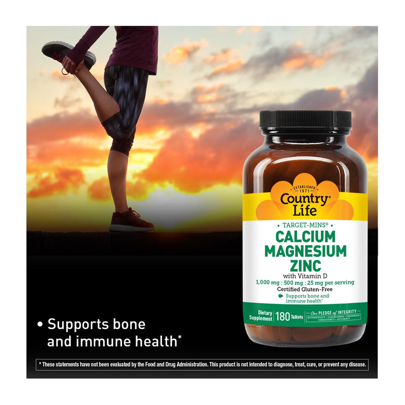 Country Life Calcium Magnesium Zinc with Vitamin D3 and L-Glutamic Acid, Dietary Supplement for Bone Support, Certified Gluten Free, 1000mg/500mg/25mg, 180 Tablets 180 Count (Pack of 1)