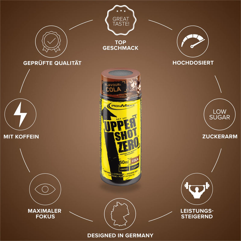 [Australia] - IronMaxx Upper Shot Zero - Cola 12x60ml | Pre-workout shot with, among other things, L-arginine, L-citrulline malate, taurine and caffeine | Sugar-free and in many flavors 60 ml (pack of 12) 