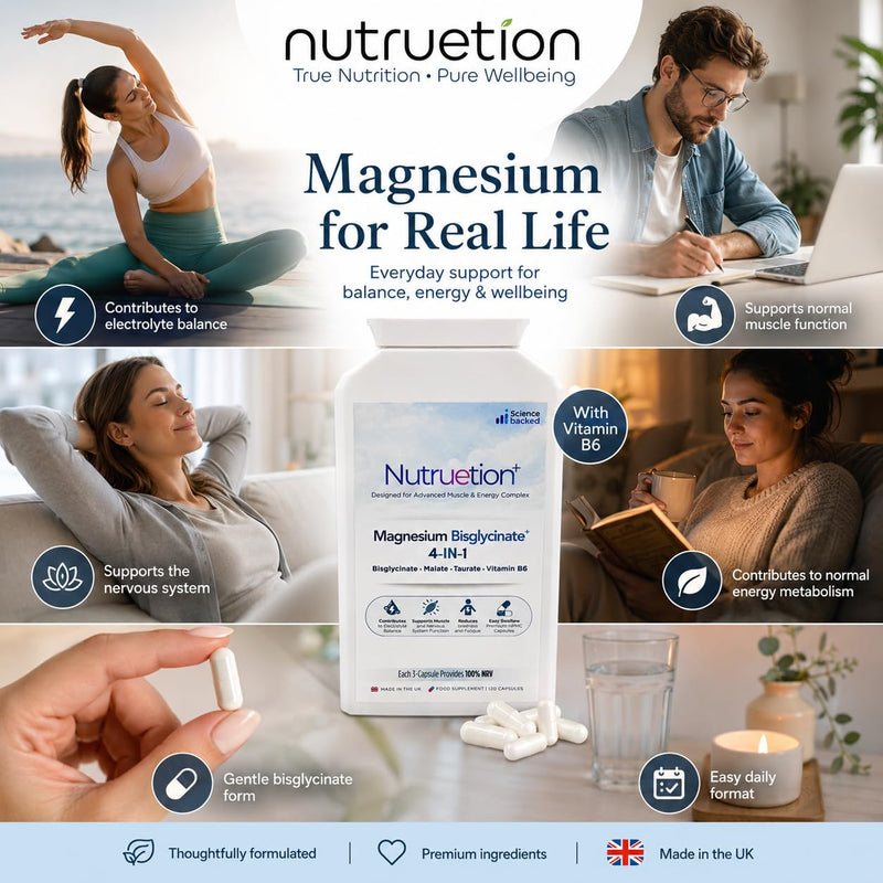 Magnesium Bisglycinate Complex 4-in-1 Supplement with Magnesium Malate, Taurate & Vitamin B6 | Muscle Function, Energy & Nervous System Support | 120 Vegan Capsules | UK Made