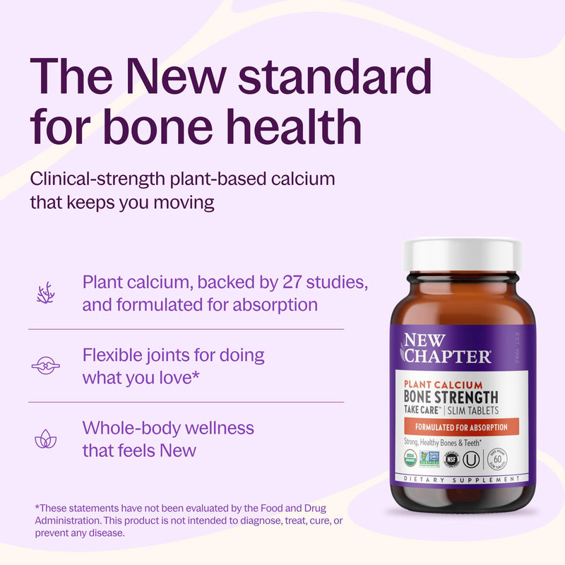 New Chapter Bone Strength Take Care Supplement, 60 Slim Tablets | Clinically Studied Plant Calcium from Red Marine Algae for Bone and Heart Health, Vegan, Organic, and Gluten Free 60 Count (Pack of 1)