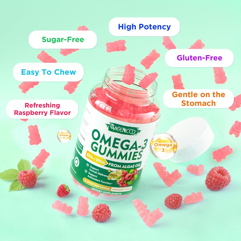 2 Pack Omega-3 Gummies 1000mg, Omega 3 Fish Oil Alternative for Adults, Algae-Based DHA 600mg & EPA 300mg + Vitamins A, C, E, Zinc, Supports Overall Wellness, Raspberry Flavor, 120 Count 60 Count (Pack of 2)