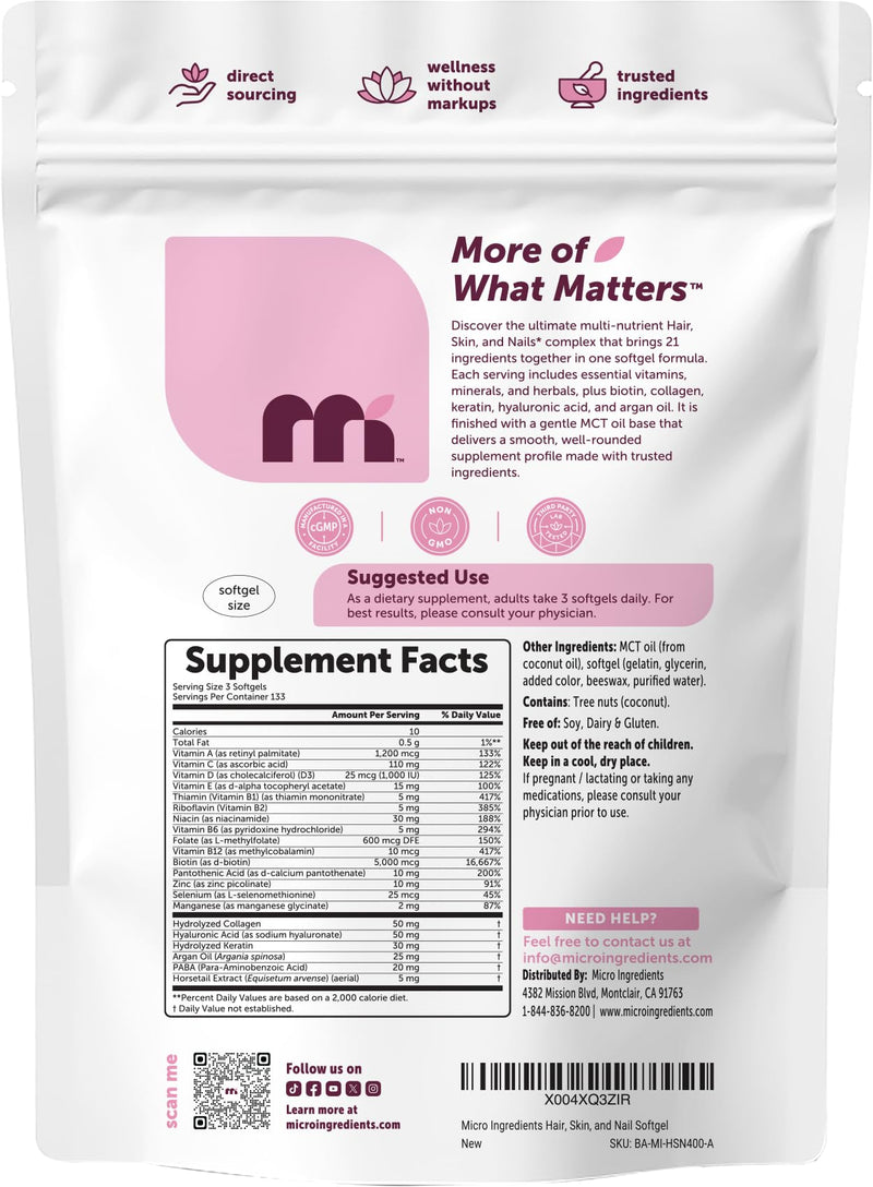 Hair Skin and Nails Vitamins for Women & Men | 400 Softgels with MCT Oil | 21-in-1 Argan Oil, Hyaluronic Acid, Collagen, Keratin & Biotin Supplement | 133-Day Supply | Non-GMO, Gluten Free