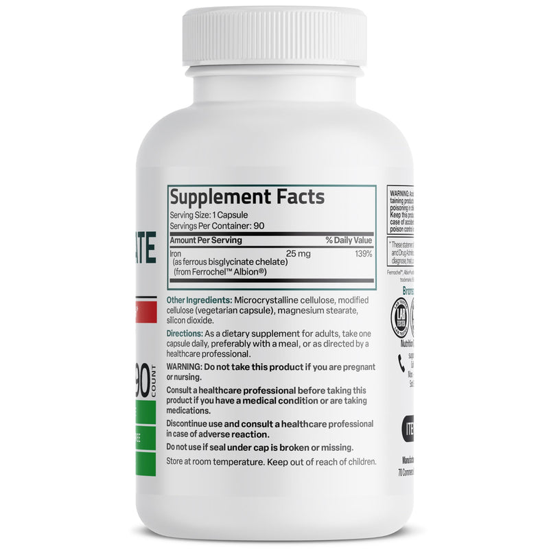 [Australia] - Bronson Iron Bisglycinate 25 mg Gentle on The Stomach, Supports Energy & Healthy Red Blood Cell Production - Non-Constipating Formula - Non GMO, 90 Vegetarian Capsules 90 Count (Pack of 1) 