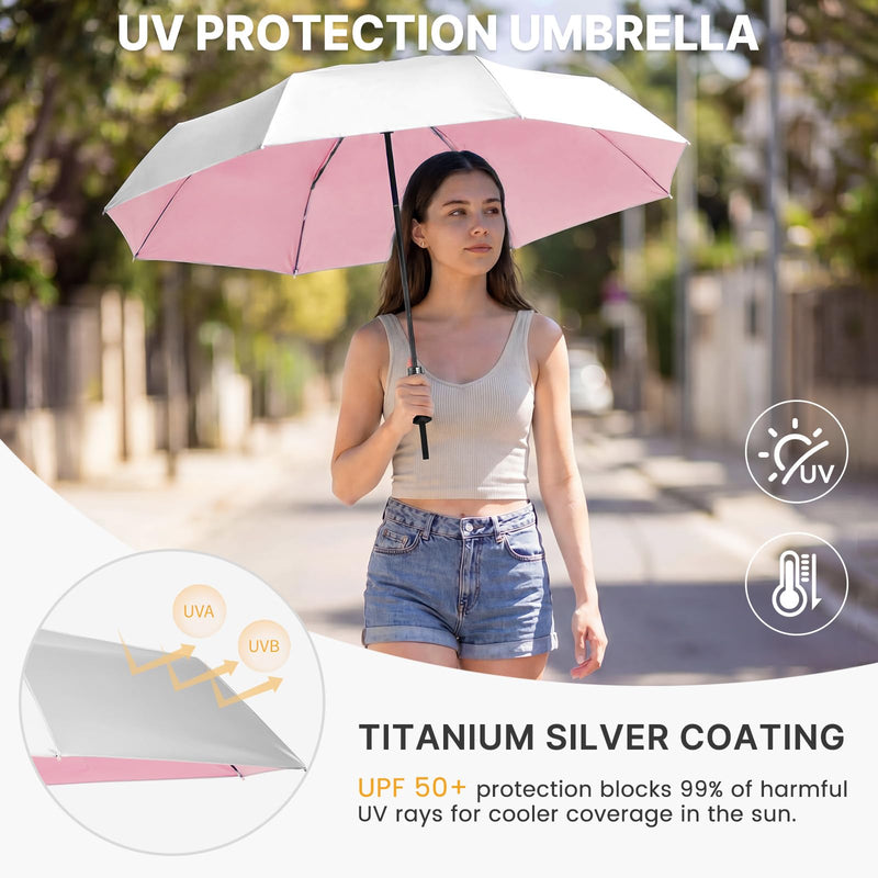 G4Free 46" Windproof Travel Umbrella with Large Wooden Handle + Mini Travel Umbrella with Retractable Handle