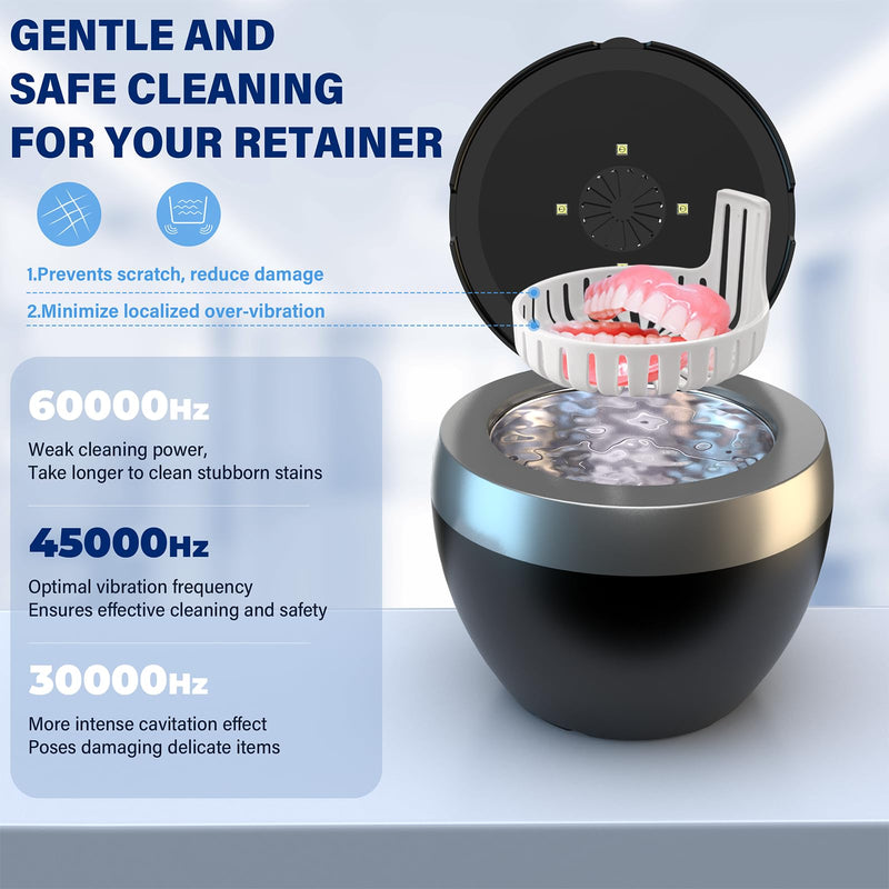 [Australia] - Ultrasonic Retainer Cleaner, 200ML Denture Cleaner for Mouthguard, Aligner, Brace, Night Guard and Dental Appliance with 4 Modes, 45kHz Jewelry Cleaner for Rings, Dental Cleaning Pod with Basket Black 