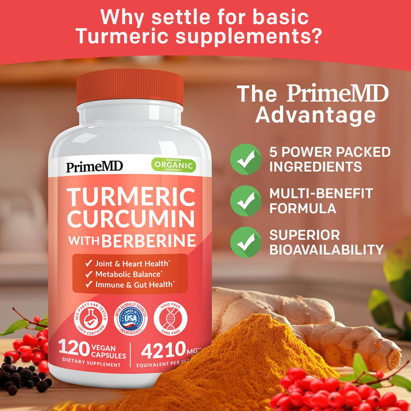 [Australia] - 5-in-1 Organic Turmeric Curcumin Supplement (4210mg) with Berberine, Ceylon Cinnamon Bioperine and Ginger Supplements for Joint, Heart, Gut, & Metabolic Support (120 ct) 120 Count (Pack of 1) 