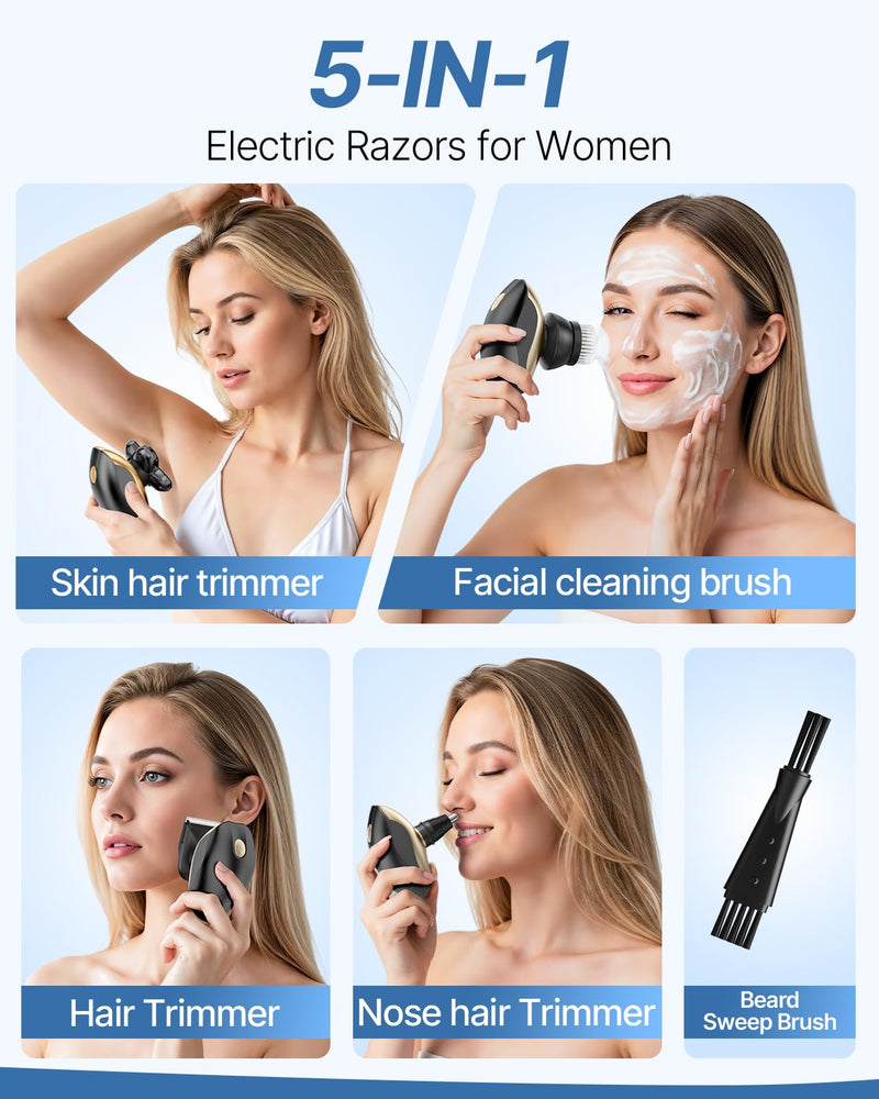 [Australia] - Electric Razors for Women, 5-in-1 Rechargeable Body Shaver - Waterproof Wet Dry Hair Remover - Trimmer for Lady Face Underarms Legs Gray 