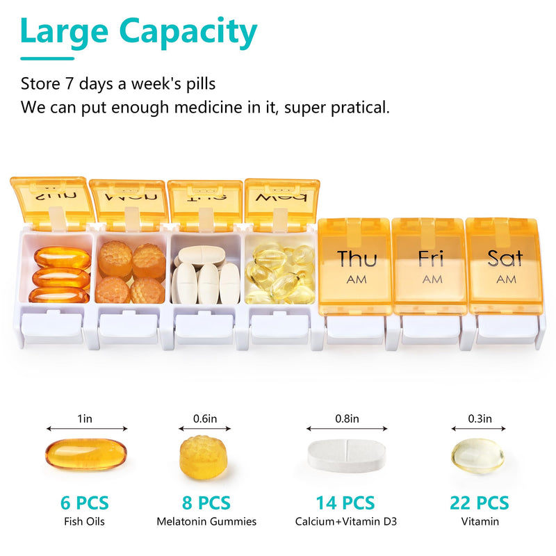 MOLN HYMY Weekly Pill Organizer, AM PM 2 Times a Day, 14 Compartments, Push Button Design, for Medication, Vitamins, Supplements Cyan and Orange