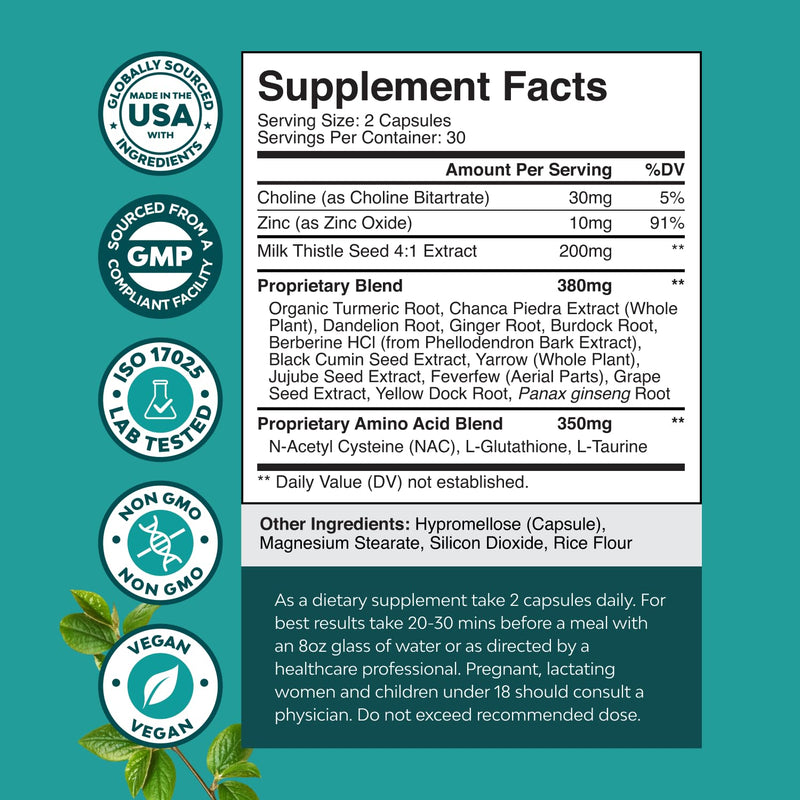 [Australia] - Liver Support NAC Supplement with Milk Thistle for Liver Cleanse Detox & Repair - N Acetyl Cysteine Supplement for Liver Cleanse with Turmeric, Choline, Dandelion & L-Glutathione - 60 Caps 60 Count (Pack of 1) 