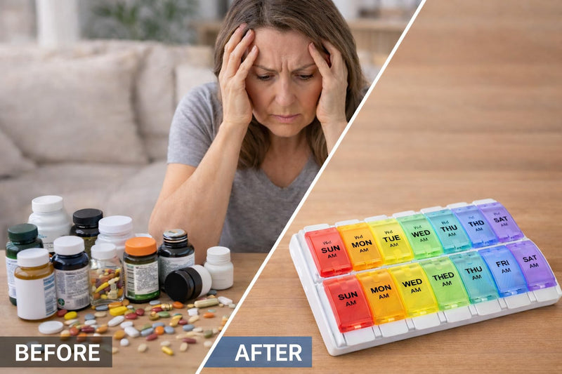 Weekly Pill Organizer 2 Times a Day, 7 Day AM PM Pill Box with Easy Push Button, Separate Morning & Evening Trays, Large Capacity Medicine Organizer for Vitamins, Fish Oil & Supplements, BPA-Free