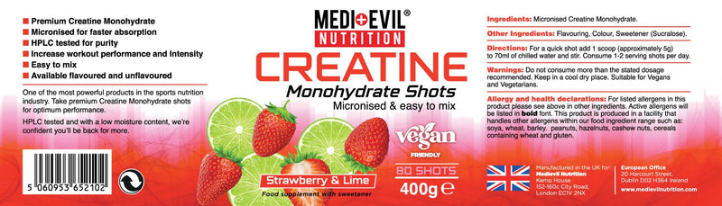 Medi-Evil Nutrition Creatine Monohydrate Powder 400g, Strawberry and Lime Flavour, Micronised for Easy Mixing, Improves Strength and Physical Performance