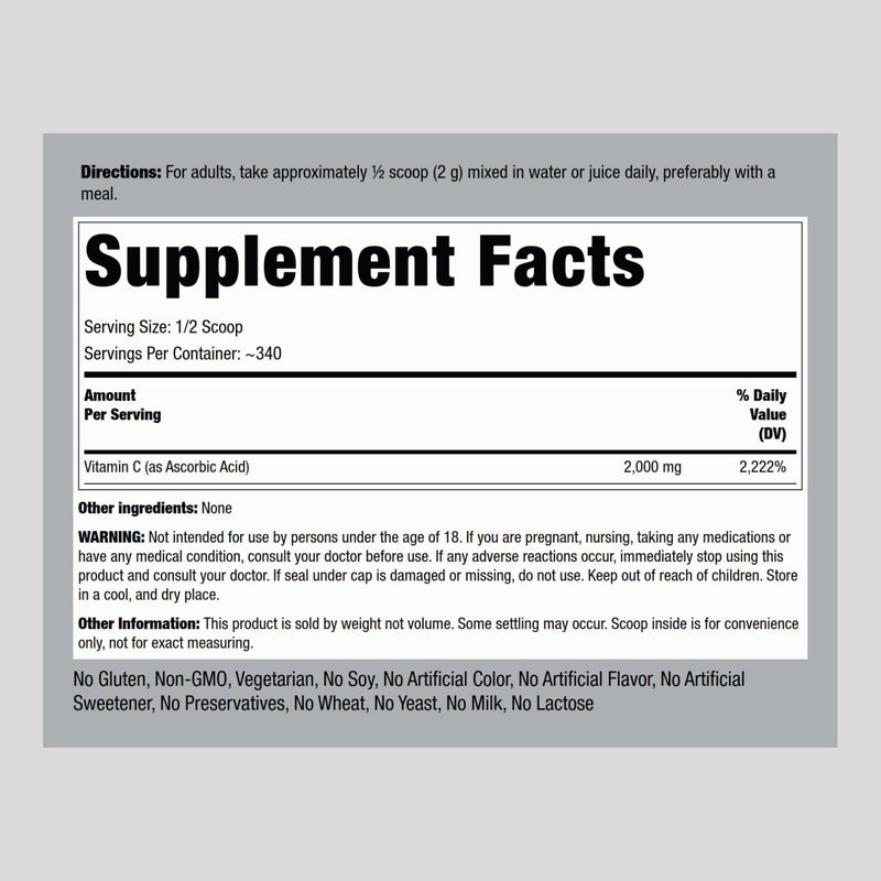 Piping Rock Vitamin C Powder | 2000mg | 24 oz | Water Soluble Crystals | as Ascorbic Acid | Vegetarian, Non-GMO, Gluten Free Supplement