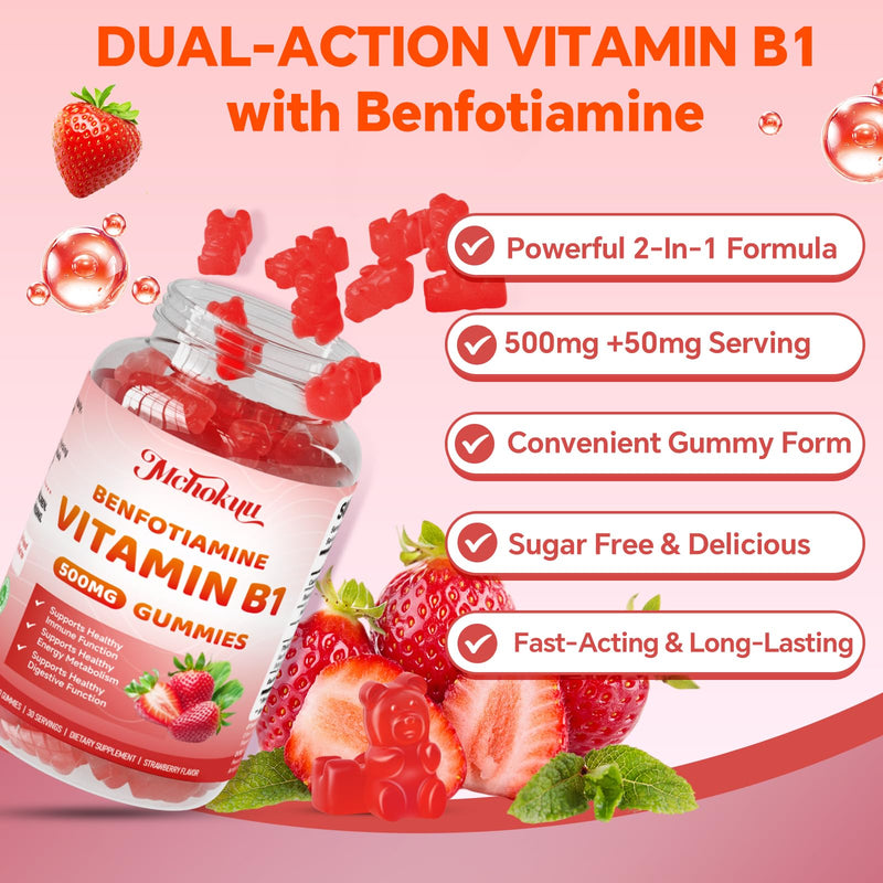Vitamin B1 Gummies 500mg with Benfotiamine – Thiamine Supplement for Women & Men Supports Healthy Energy Metabolism & Immune, Sugar-Free | Vegan | Non-GMO, Natural Strawberry Flavor, 120 Count 60 Count (Pack of 2)