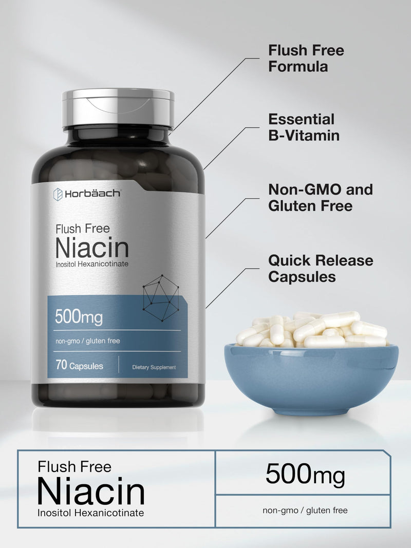 Horbaach Niacin 500mg Flush Free | 70 Capsules | Inositol Hexanicotinate | Vitamin B3 | Non-GMO & Gluten Free