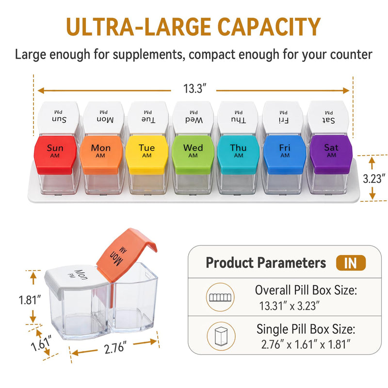 Extra Large Weekly Pill Organizer 2 Times a Day, XXL Pill Box 7 Day AM PM for Big Vitamins & Supplements, Large Capacity Medication Dispenser with 7 Detachable Compartments