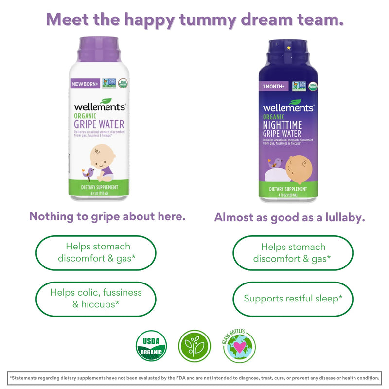 Wellements Organic Baby Gripe Water, Day & Night Combo Pack | Relieves Occasional Stomach Discomfort from Baby Gas, Colic, Hiccups and Fussiness | USDA Certified Organic (Pack of 2, 4 Fl Oz Bottles)