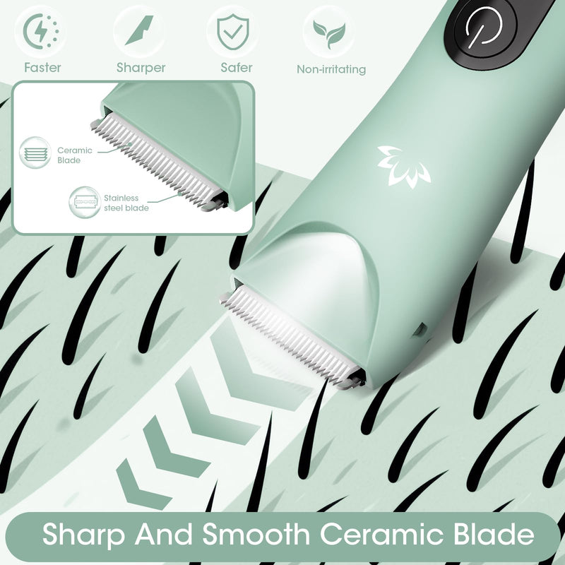 [Australia] - Bikini Trimmer for Women, Painless Pubic Hair Trimmer for Armpit Leg Arm Body Private Area,Rechargeable Womens Electric Razors Shaver LED Light Ceramic Blade IPX7 Waterproof Wet/Dry LCD Display,Green Green 