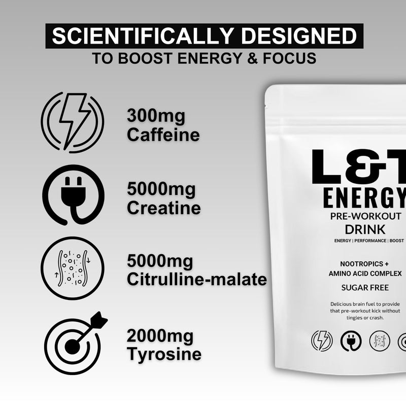 L&T Energy Pre Workout Powder - 13000mg with Caffeine, Creatine, Citrulline & Tyrosine - Sugar Free & No Tingles - Preworkout Energy Drink Men & Women (66 Servings + Gift, Red Berry) 66 Servings + Gift