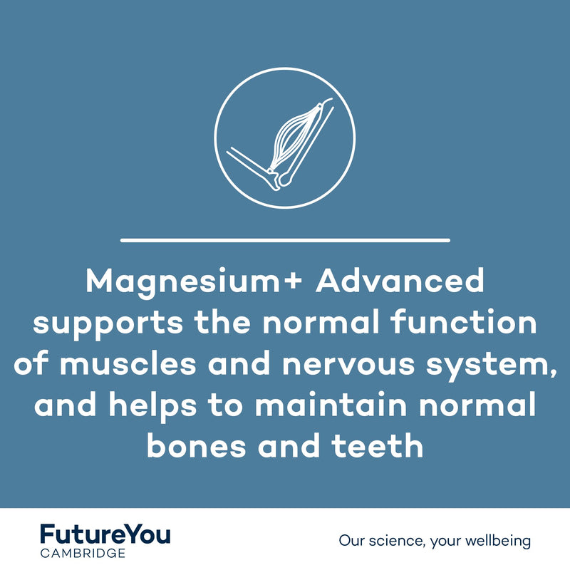 FutureYou Magnesium+ Advanced (56 Capsules). Magnesium Glycinate with B Vitamins for Energy & Bone Health. High Strength Magnesium Supplements for Women & Men - Genuine FutureYou Cambridge Supplements