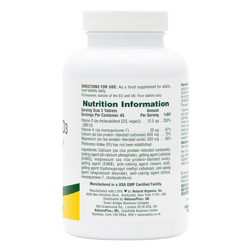 NaturesPlus Calcium, Magnesium, VIT D3 with K2 - Bone Supplement with Calcium, Magnesium, Vitamin D3 and K2 - Vegan, Gluten Free - 90 Tablets 90 count (Pack of 1)