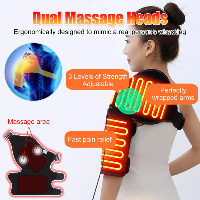 Woolala Heated Shoulder Brace with Massager - Electric Heating Pad | for Right Shoulder Pain Relief & Upper Arm Muscle, Portable Heated Wrap
