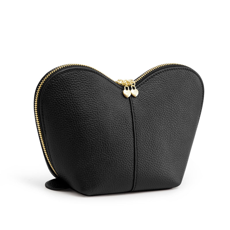 Kattee Leather Makeup Bag, Travel Large capacity Comestic Bag for Women, Heart Shaped Portable Organizer Toiletry Bag for Working, Black