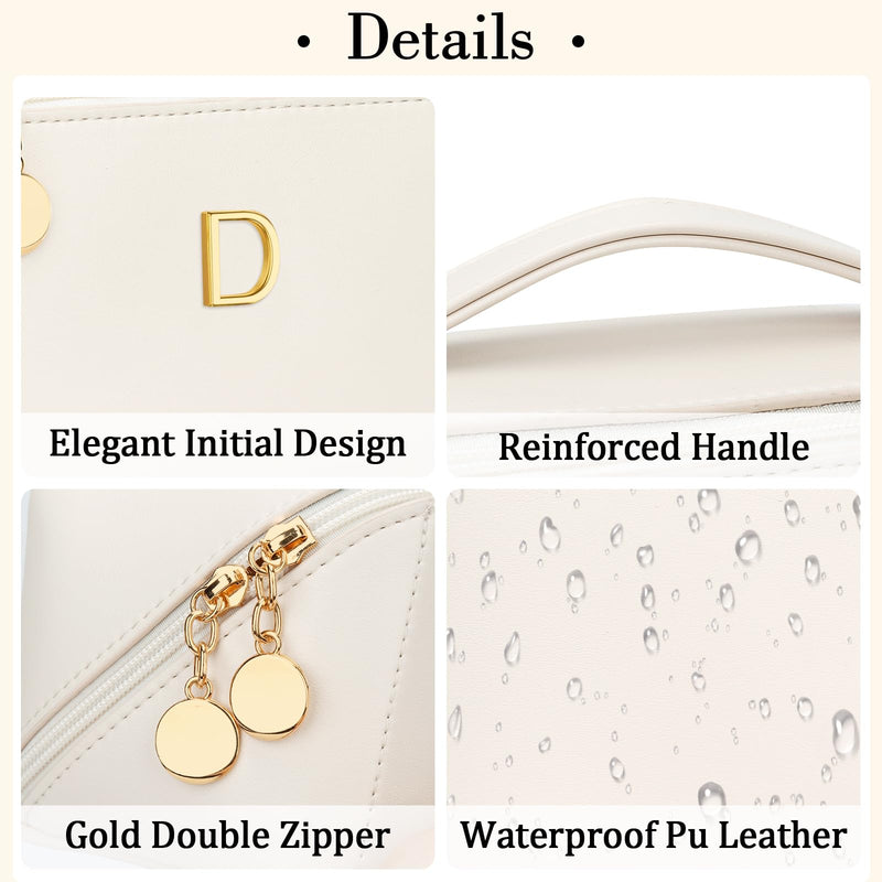 Initial Makeup Bag Personalized Gift for Women Teen Girls | Waterproof PU Leather, Open Flat Design Cosmetic Bag, Multiple Compartments Travel Toiletry Bag (Large Beige, D) Large Beige