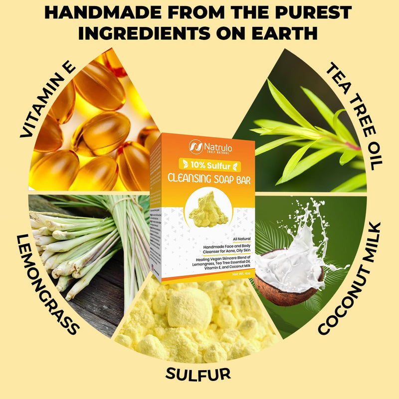 10% Sulfur Soap Cleansing Bar for Face & Body – All Natural Facial Cleanser for Acne, Oily Skin – Healing Skincare Blend of Lemongrass, Tea Tree Essential Oil, Vitamin E, Coconut Milk – Made in USA Lemongrass,Tea Tree 4 Ounce (Pack of 1)