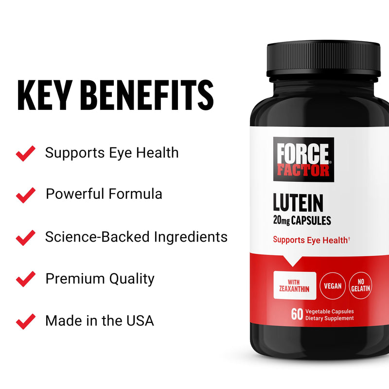 Force Factor Lutein and Zeaxanthin Supplements, Eye Vitamins | with Lutein 20mg, Eye Health Supplements for Adults, Vegan, Gelatin Free, 60 Vegetable Capsules 60 Count (Pack of 1)