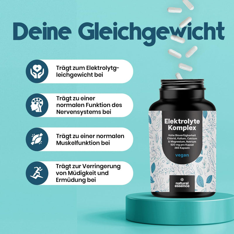 [Australia] - Electrolyte complex - 365 capsules - with chloride, potassium, calcium & magnesium, sodium - 920mg per capsule - electrolyte balance & muscle function - vegan and produced in Germany annual supply 