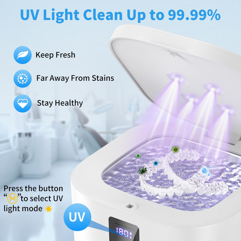 [Australia] - Retainer Cleaner, Ultrasonic Retainer Cleaner Machine 48kHz for Dentures, Mouth Guards, Braces, Toothbrush Heads, Jewelry, Ring with 300ML Capacity, 4 Modes Retainer Cleaning - White White | Comes With Filter Basket 