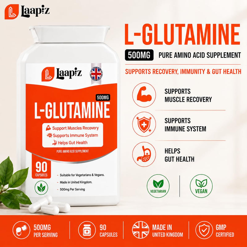 L Glutamin 500mg 90 Capsules | Glutamin Amino Acid Supplement | L-Glutamine 90 Vegan Capsules | UK Made GMP Certified | Daily Amino Acid Capsules | Laapiz