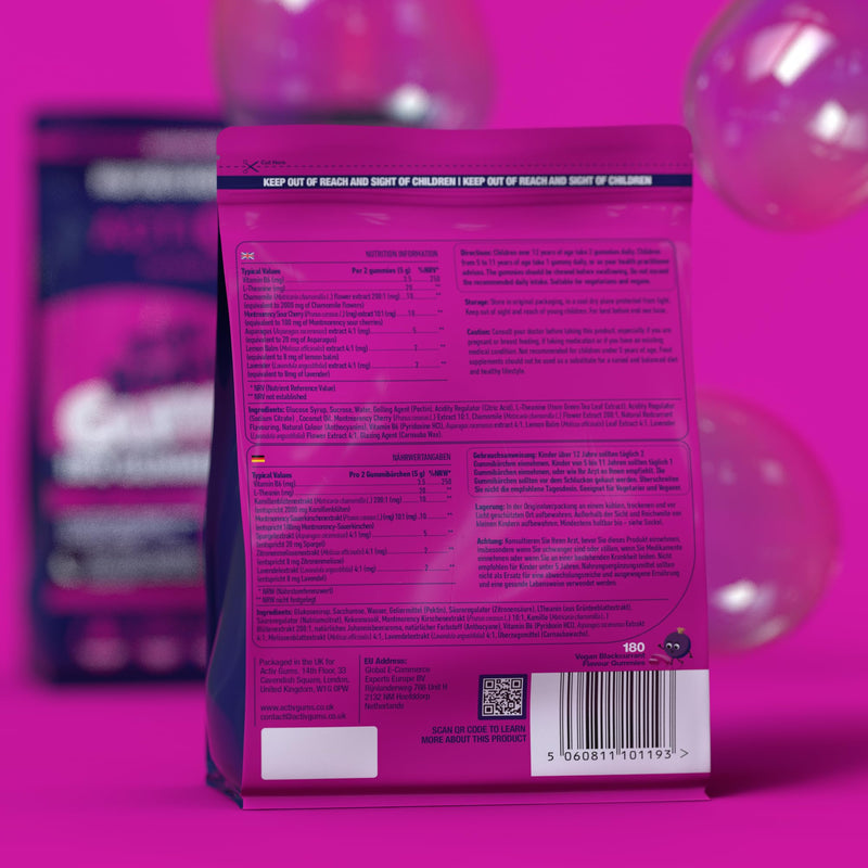 Kid's Bedtime 180 Vegan Gummies | Blackcurrant Flavour | Melatonin & 5HTP Free Contains Vitamin B6, Montmorency Cherry, Chamomile | Resealable & Recyclable Pouch | Suitable for Ages 5+ By ActivGums® 180 count (Pack of 1)